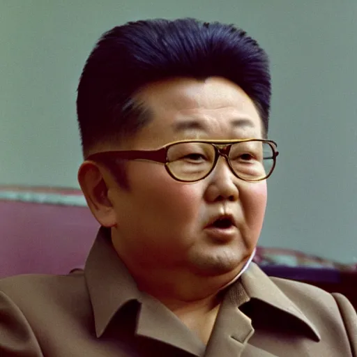 Image similar to filmstill of Kim Jong-il wearing a bandana on his forehead and aiming with a bow in the role of John Rambo, cinemascope, Eastman Color Negative 50T 5251 Neg. Film