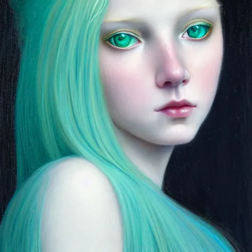 Image similar to portrait of girl with pale teal hair, luna moth, uniquely beautiful, fantasy, intricate, elegant, dramatic lighting, emotionally evoking symbolic metaphor, highly detailed, lifelike, photorealistic, digital painting, artstation, concept art, smooth, sharp focus, illustration, art by John Collier and Albert Aublet and Krenz Cushart and Artem Demura and Alphonse Mucha