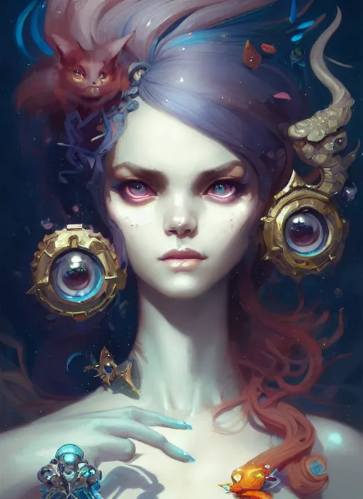 Image similar to close up picture of an maximalist dress girl, neat hair, extremely beautiful and aesthetic and detailed cute face and eyes, with cute familiar sprites, chiaroscuro, intricate, masterpiece, fantasy illustrations by peter mohrbacher and anato finnstark and jeremy lipking