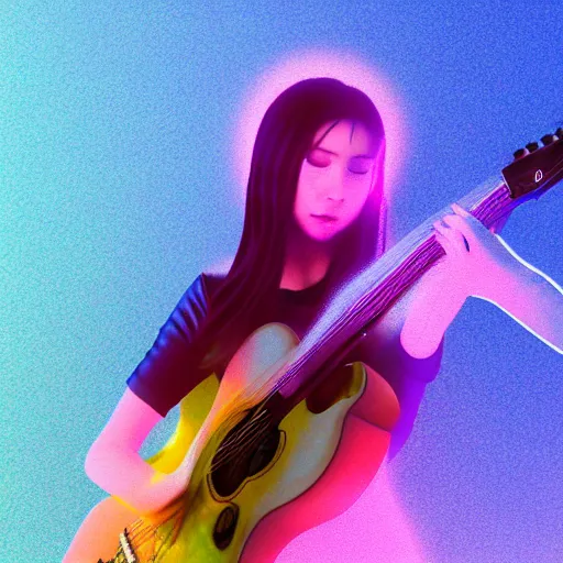 Image similar to women playing guitar, televisions, artstation, details, volumetric light, futuristic, pastel