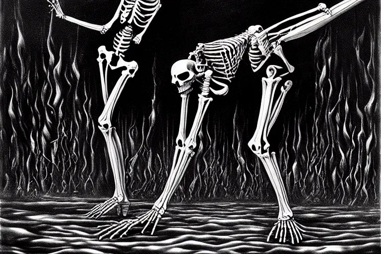 Image similar to highly detailed fine painting Macabre Dancing skeletons eerie moonlit under water under water scene fantasy digital art by H.R. Giger deviantart