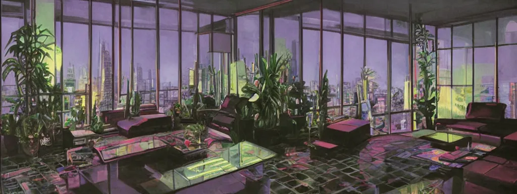 Image similar to concept art, night time retro - futurist penthouse, reflections, moody, designer furniture, high ceiling, 6 0 s colour palette, plants, flowers, floor lamps, multi - level, soft lighting, city view, bladerunner, james jean, syd mead, akihiko yoshida, cinematic