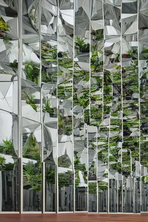 Prompt: Medium Format Portrait Photo of a modern architectural interior made of mirrors with many beautiful plants and flowers. award winning, slim Arrons style, highly detailed, depth of field, Kodachrome, wide shot, photo print.