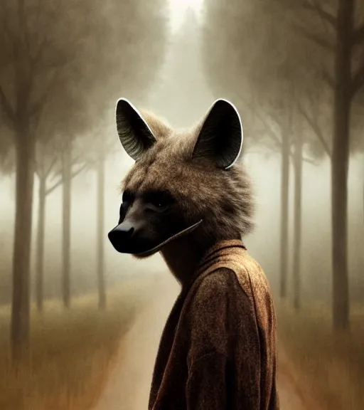 Image similar to foggy dirt road portrait of furry anthro anthropomorphic spotted hyena head animal person fursona wearing clothes horror gloomy digital art bokeh depth of field photo by Greg Rutkowski, Simon Stalenhag, christopher nolan trending on Artstation, CGSociety