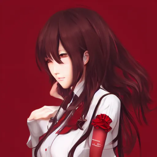 Image similar to kurisu makise, elegant, ultra highly detailed, digital painting, smooth, sharp focus, artstation, top-down shot, red background, art by Ina Wong