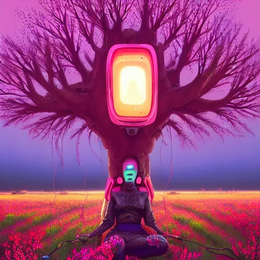 Image similar to an african cyberpunk hacker girl with her headset plugged into a giant glowing baobab tree in the middle of a field of flowers at sunset, by greg rutkowski and android jones in a surreal portrait style, oil on canvas, 8k hd, synthwave colors!!