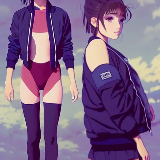 Image similar to a beautiful! boyish! natalie portman alluring gravure! model, wearing oversized mayan bomber jacket and leotard with overalls, bulky poofy bomber jacket with mayan patterns, gapmoe yandere grimdark, trending on pixiv fanbox, painted by greg rutkowski makoto shinkai takashi takeuchi studio ghibli, akihiko yoshida