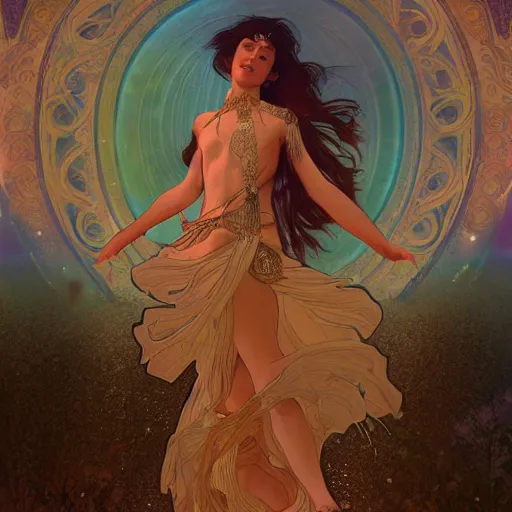 Image similar to a goddess dancing in the desert, glowing, fantasy, intricate and very beautiful and elegant, highly detailed, digital painting, artstation, concept art, smooth and sharp focus, illustration, art by tan zi and ayanamikodon and alphonse mucha and wlop