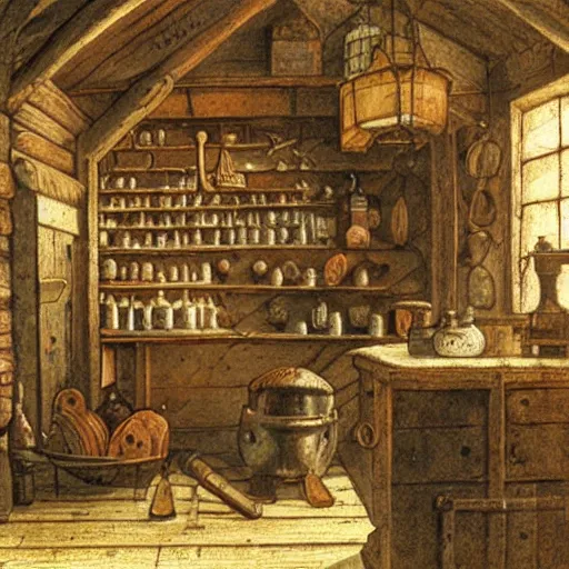 Prompt: The rustic interior of a medieval apothecary