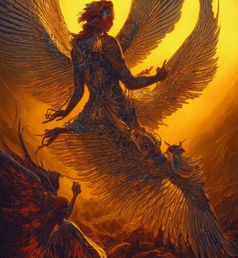 Image similar to a beautiful tarot card artwork of a cyberpunk seraphim in nature, backlit, highly detailed, golden hour, digital painting, by karol bak and justin gerard and dan mumford and artgerm, vivid colors, masterpiece, detailed shading, 8 k resolution, intricate, smooth