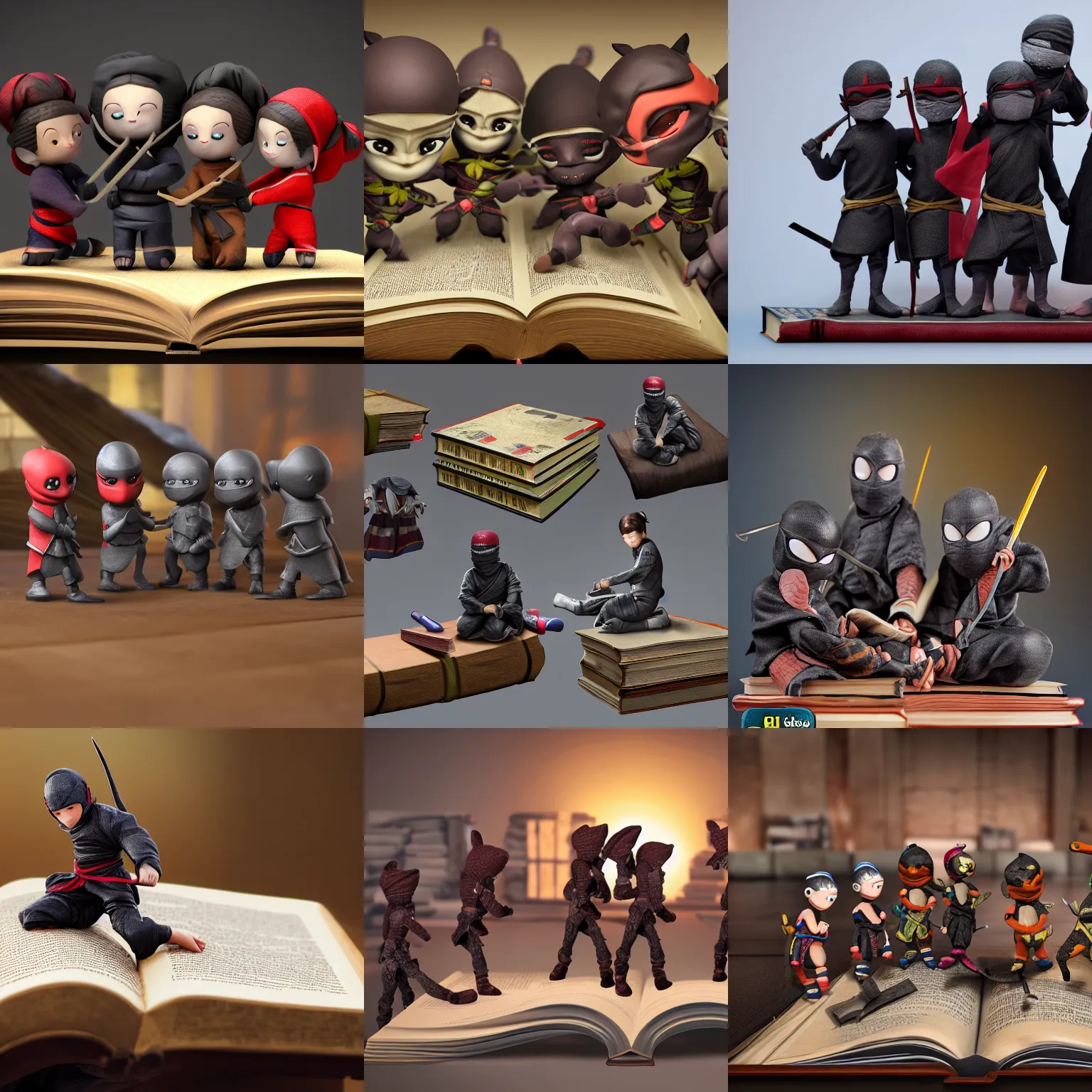 Prompt: group of diminutive realistic ninja toy figurines gathering around a giant book, realistic, hd, 8 k, digital rendering, unreal engine, blender, octane, maya