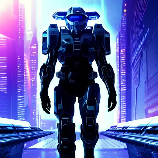 Prompt: cyberpunk halo character walking on a space bridge, close shot, reflection, epic, dramatic, cinematic, award winning, ultra detailed, realistic