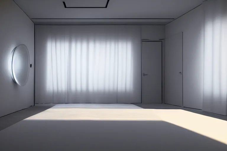 Image similar to realistic illustration of a room, central perspective, liminal space hotel room with biomech techonlogical cabled cubicle at the center of the image, white studio light, volumetric light, artstation, hiroaki samura, jiro matsumoto, o yusuke murata, unreal engine, octane render, sharp focus high quality 8 k