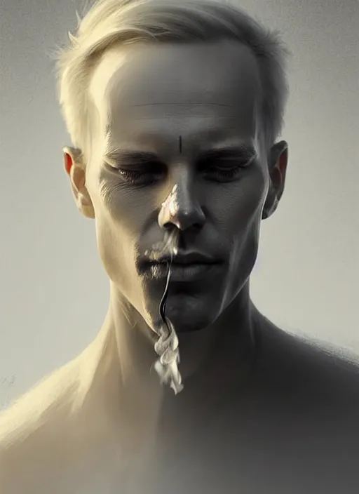 Image similar to portrait of finnish man made partly out of smoke, vanishhing slowly as an smoke to the air, realistic smoke, different smoke colors elegant, highly detailed, digital illustration, trending in artstation, trending in pinterest, glamor pose, concept art, smooth, sharp focus, art by artgerm and greg rutkowski