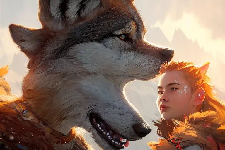 Prompt: photo of Aloy surrounded by happy wolves, highly detailed, photorealistic, reflections, smooth, sharp focus, concept art, illustration, beautiful, geometric, trending on artstation, cinematic, featured on behance , artwork by WLOP and Tran, Ross