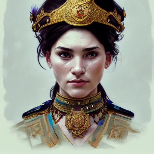 Image similar to a portrait of a female cop, upper half portrait, decorated with russian motifs, russian shaman, siberia, traditional russia, intricate, elegant, highly detailed, symmetry, headpiece, digital painting, artstation concept art smooth sharp focus, illustration, art by artgerm and greg rutkowski alphonse mucha 8 k
