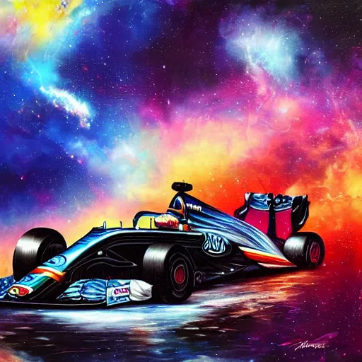 Prompt: a painting of a formula 1 car in a cosmic scenic environment by Android Jones, trending on Artstation, nebula, stars, planets, hyperdetailed