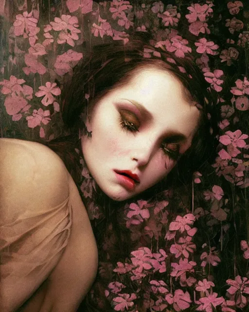 Image similar to a beautiful but sinister and creepy woman in layers of fear, with haunted eyes, violence in her eyes, putting on lipgloss, 1 9 7 0 s, seventies, delicate embellishments, a little blood, woodland, moonlight shining on wildflowers, painterly, offset printing technique, by alexandre cabanel