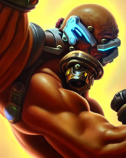 Image similar to doomfist from overwatch, fantasy, fantasy art, character portrait, portrait, close up, highly detailed, intricate detail, amazing detail, sharp focus, vintage fantasy art, vintage sci - fi art, radiant light, caustics, by boris vallejo