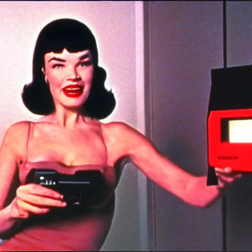 Image similar to a still of Bettie Page playing with a NES controller, in the movie 2001 A Space Odyssey, cinematic lighting, 4k HDR