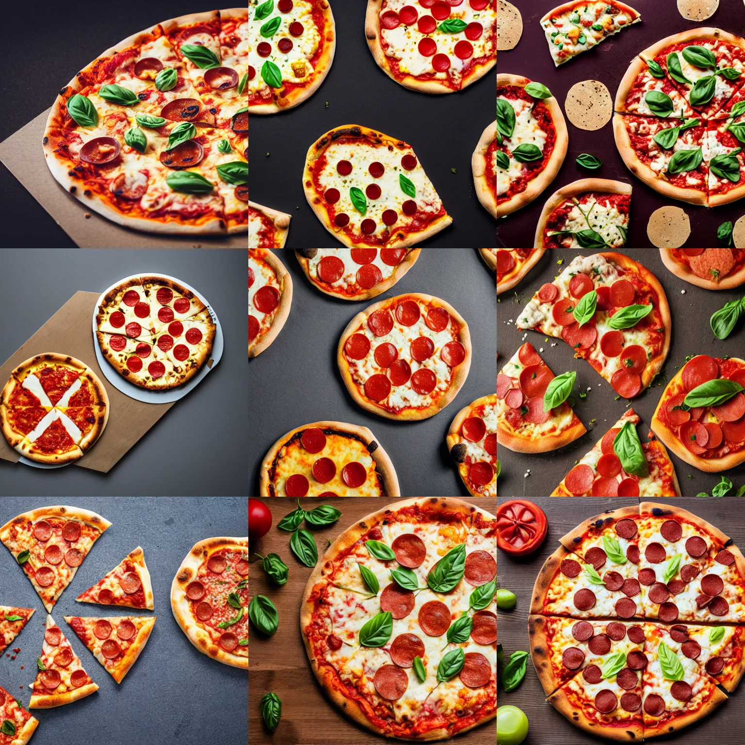Prompt: a pizza made of smaller pizzas made of smaller pizzas made of smaller pizzas, on a table, professional food photography