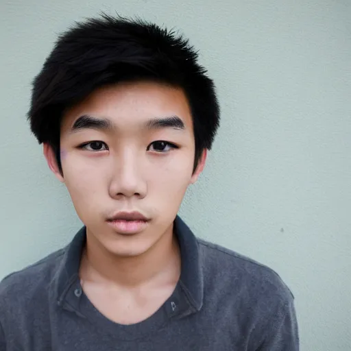 Image similar to teenage half-asian boy, handsome, cute, short wavy hair, symmetrical face, medium close-up, 80s, utopia, painted
