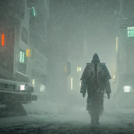 Prompt: white mecha armor Bladerunner 2049 still tall white armor walks through snowy street intimidating glowing orange emissives snowy evening moody dark lighting numerous people on the street