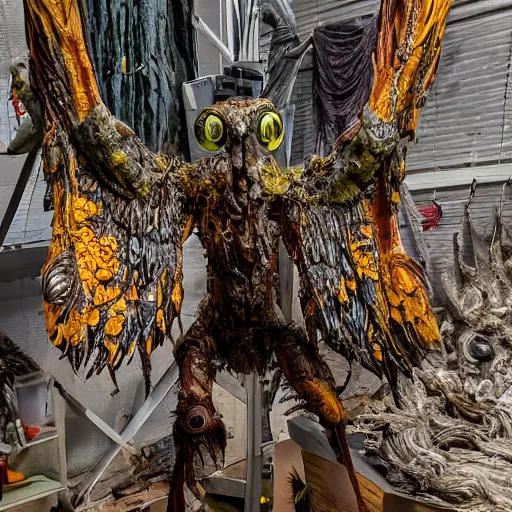 Image similar to photo taken of an epic intricate, ultra detailed, super realistic gritty, hero prop, exquisitely painted animatronic movie prop of a wet slimy grotesque nightmarish hellish winged avian creature displayed in the workshop, created by weta workshop, full body shot, photorealistic, sharp focus