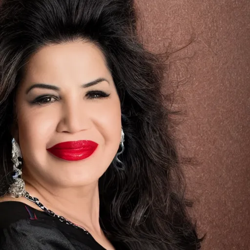 Image similar to dslr photo portrait still of 5 1 year old age 5 1 selena quintanilla at age 5 1!!!, 8 5 mm f 1. 8, studio lighting, vogue