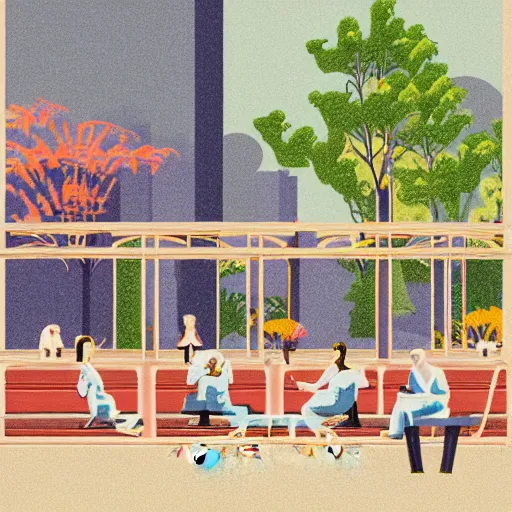 Image similar to art deco vaporwave illustration of a park with trees, benches, and people playing mahjong, with a futuristic pastel city in the background