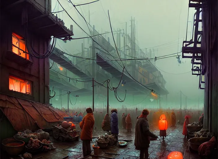 Prompt: waiting in line for cold soup by simon stalenhag and gil elvgren and tom bagshaw and marc simonetti and jan miense molenaer, slums, highly detailed, hyperrealism, dreary, cold, cloudy, grey, smog, high contrast, solarpunk, futurepunk, high saturation, intricate complexity