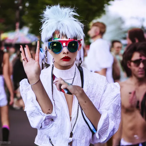 Image similar to detailed photo, kitsch fashion, rave fashion, androgynous people in white clothes, new age, vogue, 4 k, 8 k