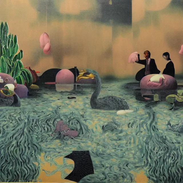 Prompt: painting of flood waters inside an art gallery, female emo art student, a river flooding indoors, pomegranates, pigs, ikebana, water, octopus, river, rapids, waterfall, black swans, canoe, berries, acrylic on canvas, surrealist, by magritte and monet