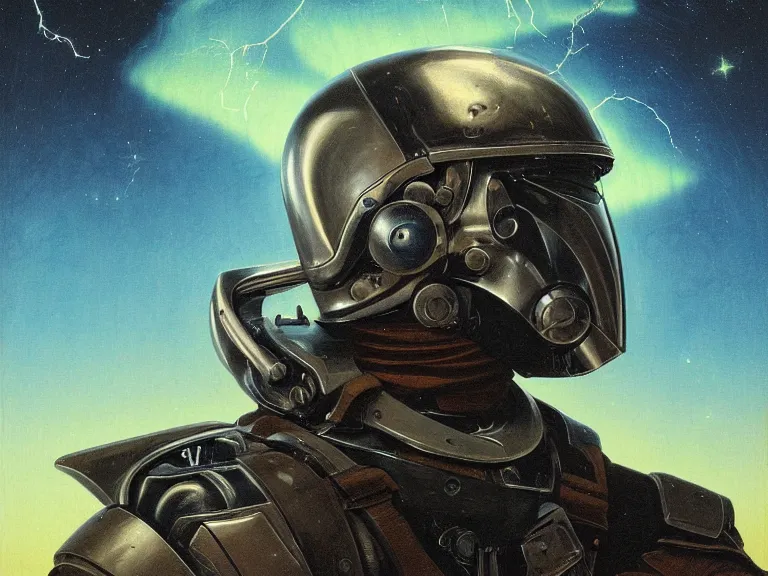 Image similar to a detailed profile painting of a bounty hunter in armour and visor, cinematic sci-fi poster. Flight suit, anatomy portrait symmetrical and science fiction theme with lightning, aurora lighting clouds and stars. Clean and minimal design by beksinski carl spitzweg and tuomas korpi. baroque elements. baroque element. intricate artwork by caravaggio. Oil painting. Trending on artstation. 8k