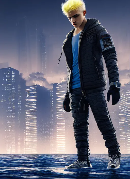 Image similar to photo of cyberpunk blonde male teenager walking on water in the style of stefan kostic, realistic, sharp focus, 8 k high definition, insanely detailed, intricate, elegant, art by stanley lau and artgerm