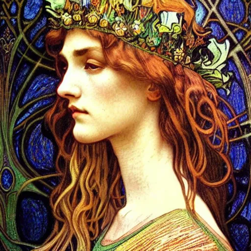 Image similar to detailed realistic beautiful young medieval queen face portrait by jean delville, alphonse mucha, vincent van gogh, and marco mazzoni, art nouveau, symbolist, visionary, gothic, pre - raphaelite