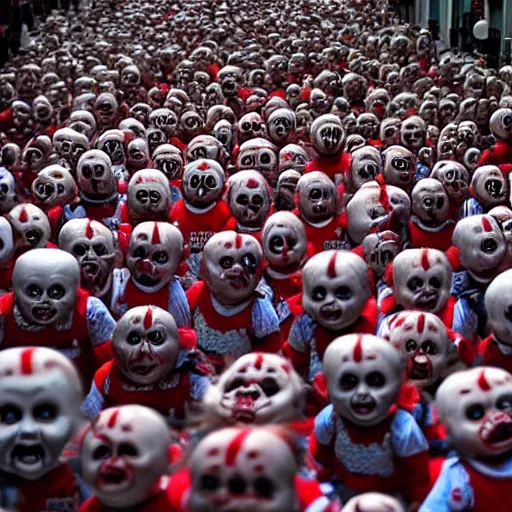 Image similar to the running of the screaming chucky dolls in pamplona spain