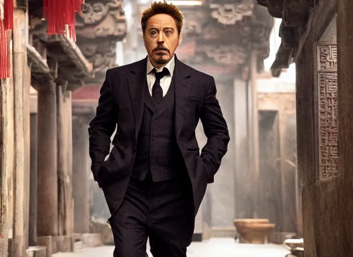 Image similar to film still of Robert Downey Jr as Cobb in an ancient chinese temple in Inception, 4k