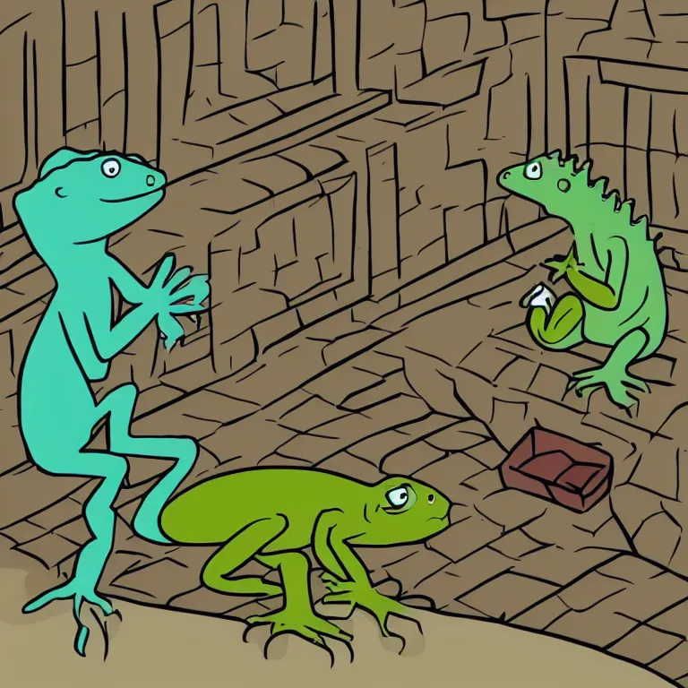 Image similar to a lizard sitting in a corner crying while being bullied by other animals, cartoon style