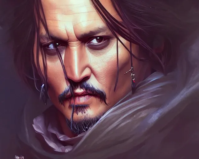 Image similar to photography of johnny depp, deep focus, d & d, fantasy, intricate, elegant, highly detailed, digital painting, artstation, concept art, matte, sharp focus, illustration, hearthstone, art by artgerm and greg rutkowski and alphonse mucha