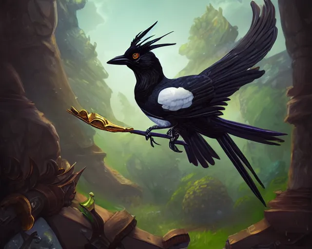 Image similar to magpie, deep focus, d & d, fantasy, intricate, elegant, highly detailed, digital painting, artstation, concept art, matte, sharp focus, illustration, hearthstone,