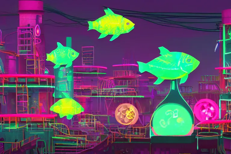 Image similar to dystopian neon fish factory