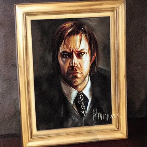 Prompt: Crowley from supernatural, noble portrait, professional painter, oil painting, superior look