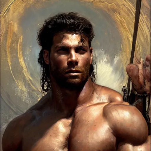 Prompt: handsome portrait of a spartan guy bodybuilder posing, by gaston bussiere, bayard wu, greg rutkowski, giger, maxim verehin