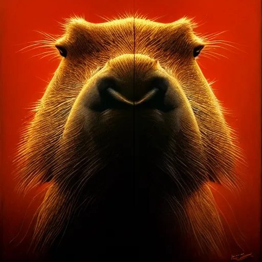 Image similar to a portrait of a capybara wearing, anatomically correct, beautiful perfect face, enigmatic, oil painting, matte, black background, volumetric dynamic lighting, highly detailed, cinematic lighting, unreal engine, 8 k, hd, by beksinski