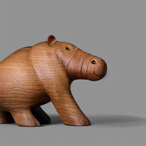 Image similar to studio shot, side view of a simplified hippo figurine ( carved from mahogony wood )!!!! and centered on a white to grey gradient background, wood grain!!!, photorealistic, hyperrealistic, influenced by pixar, 8 k hd, octane render, unreal engine, featured on cgsociety