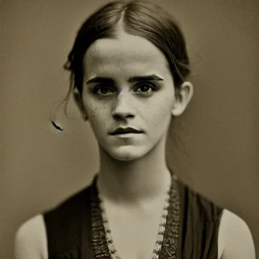 Image similar to victorian photograph of emma watson, 1 8 9 0 s photography, 1 9 0 0, realistic face, symmetrical face, studio photograph, grainy, edwardian, old photo