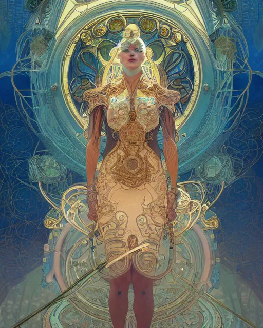 Prompt: future of humanity | highly detailed | very intricate | art nouveau | gold filigree | cybernetic storybook fantasy | soft cinematic lighting | award - winning | painted by mandy jurgens and alphonse mucha and alena aenami | pastel color palette | featured on artstation