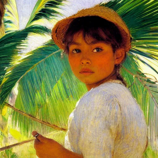 Image similar to a ultradetailed beautiful painting of a girl in amazonas by jules bastien - lepage, hans belmer, frank weston and gustave baumann, trending on artstation, mediterranean, palm trees, light sparkles, sharp focus, soft light