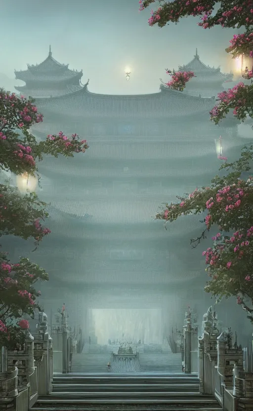 Image similar to vanishing point, palace covered with aqua blue roses like the forbidden city in distance at the red rose royal manor, viewed from afar, stephen bliss, misty, unreal engine, fantasy art by greg rutkowski, loish, ferdinand knab, and lois van rossdraws,, global illumination, radiant light, minimalist, detailed and intricate environment